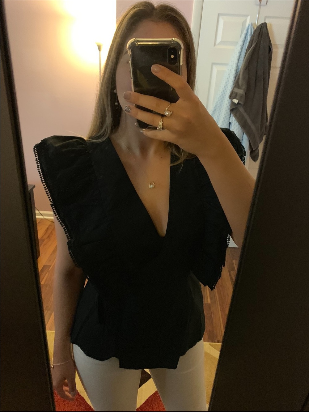 BCBG Maxazria Black Ruffle Wrap Blouse with Side Tie